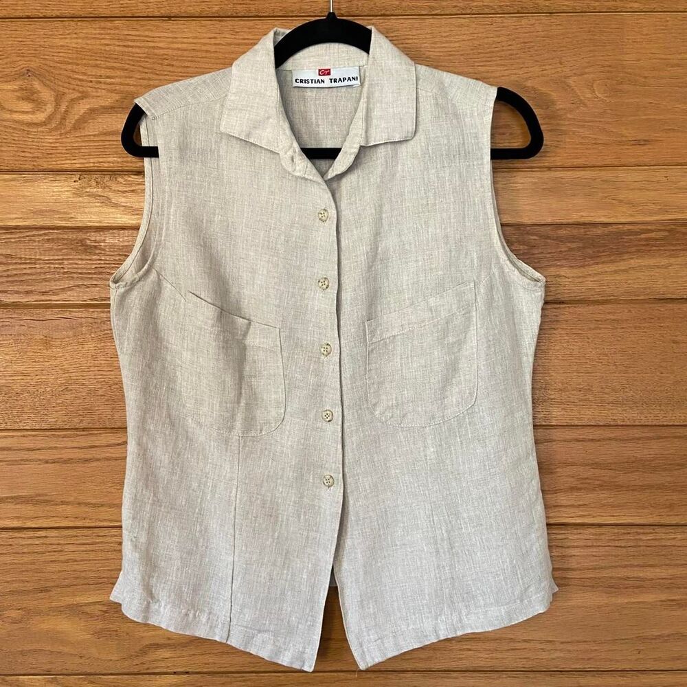 Vintage 90s linen cotton blend tan button front tank top Cristian Trapini